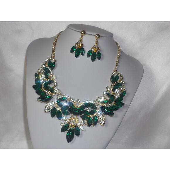 green Rhinestone Necklace Set Wedding MOB Bridal Prom Necklace Party Formal - Picture 3 of 7
